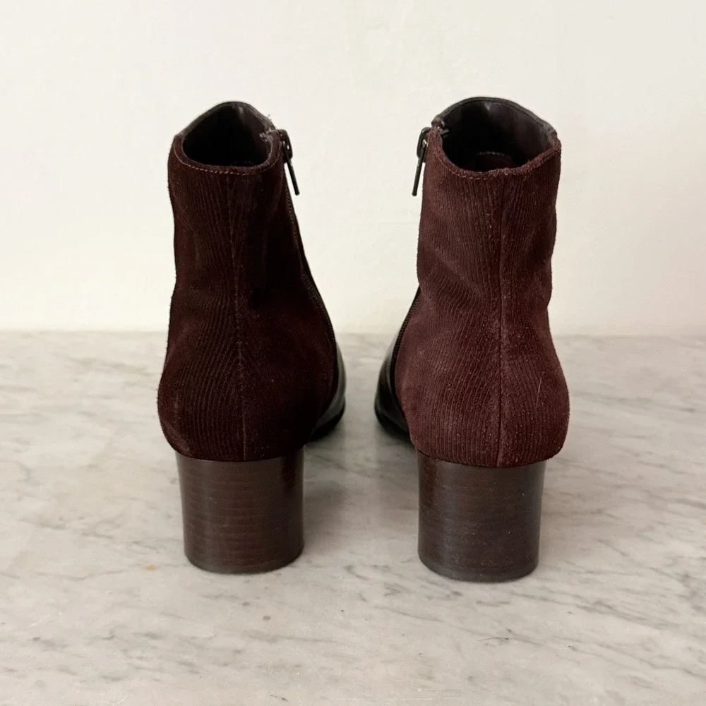 MGD Hope Ankle Boots Square Toe Block Heel Leather Corduroy 8W Dark Brown